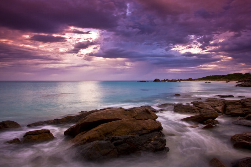 Rocky Coastline at Sunset — Purple, Dramatic, Photograph, Rocks, Ocean, Sky, Clouds, Blue, Brown