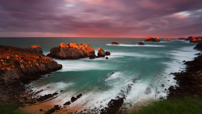 Rocky Coastline at Sunset — Purple, Dramatic, Photograph, Rocks, Ocean, Sky, Grass