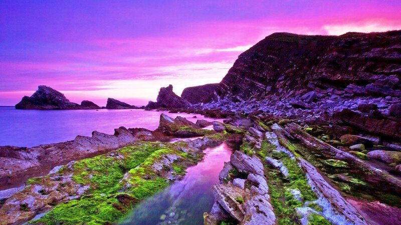 Rocky Coastline at Sunset — Purple, Dramatic, Photograph, Rocks, Ocean, Sky, Moss
