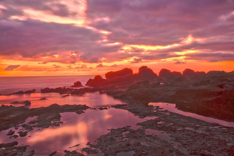 Rocky Coastline at Sunset — Purple, Dramatic, Photograph, Rocks, Ocean, Sky, Orange