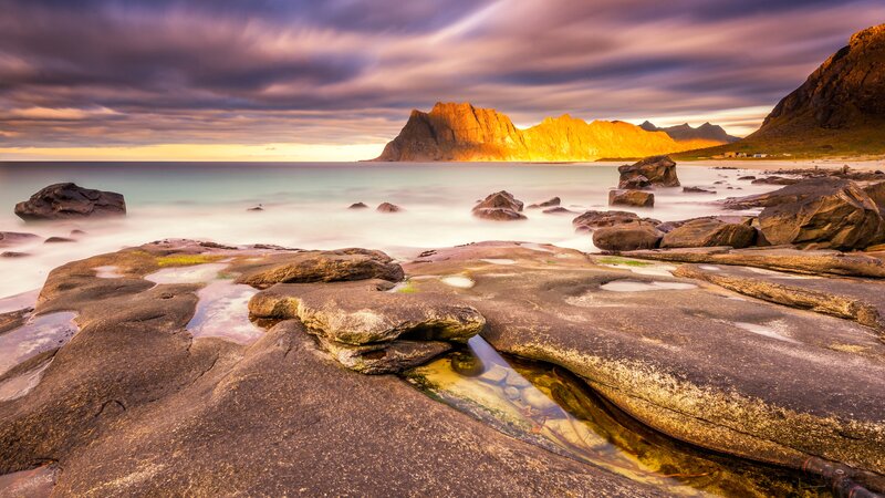 Rocky Coastline at Sunset — Purple, Dramatic, Photograph, Rocks, Sea, Mountains