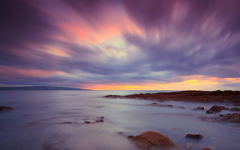 Rocky Coastline at Sunset — Purple, Dramatic, Photograph, Rocks, Sea, Sky, Clouds