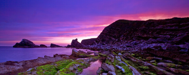 Rocky Coastline at Sunset — Purple, Dramatic, Photograph, Rocks, Sea, Sky, Pink