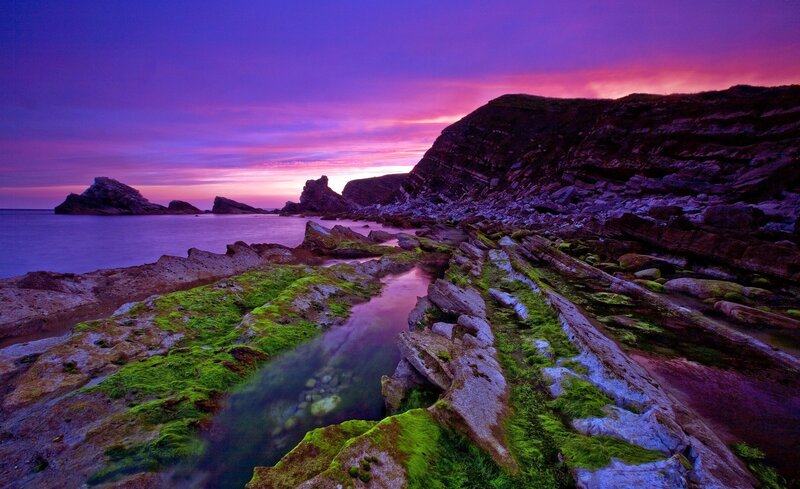 Rocky Coastline at Sunset — Purple, Dramatic, Photograph, Rocks, Sea, Sky