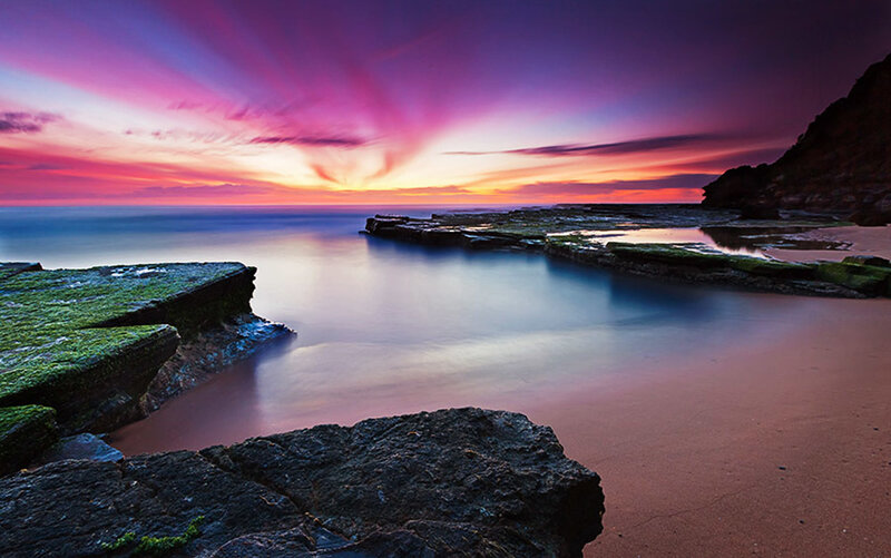 Rocky Coastline at Sunset — Purple, Dramatic, Photograph, Rocks