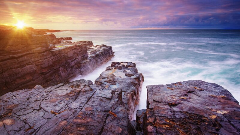 Rocky Coastline at Sunset — Purple, Dramatic, Photograph, Sun, Ocean, Rocks