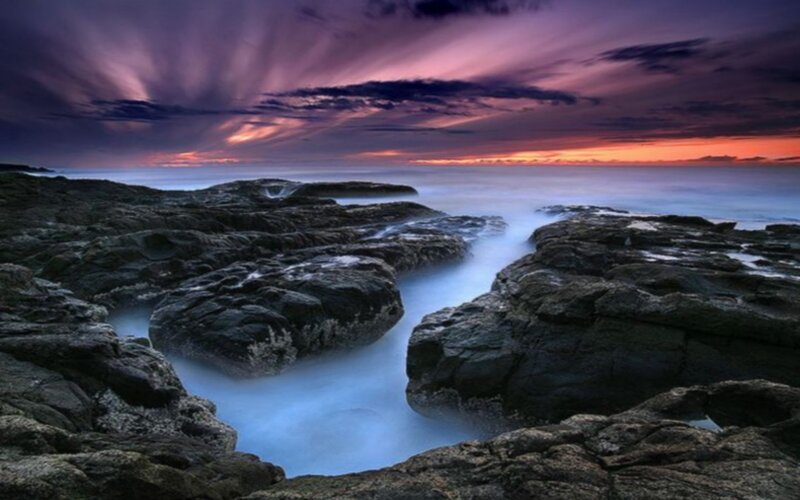 Rocky Coastline at Sunset — Purple, Ocean