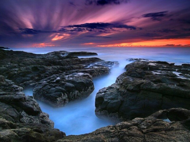 Rocky Coastline at Sunset — Purple, Orange