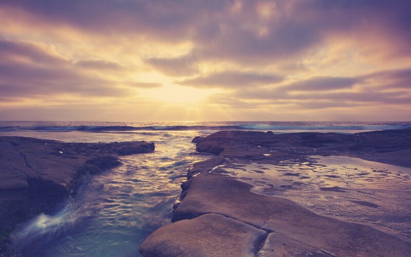 Rocky Coastline at Sunset — Purple, Serene, Photograph, Ocean, Sky