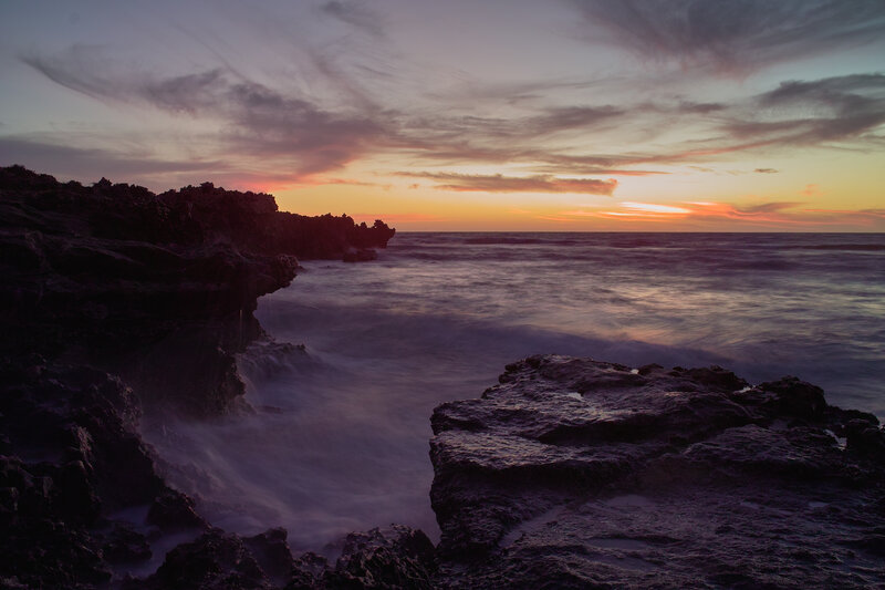 Rocky Coastline at Sunset — Purple, Serene, Photograph, Ocean