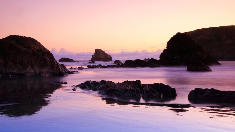 Rocky Coastline at Sunset — Purple, Serene, Photograph, Rocks, Ocean, Sky, Pink, Black