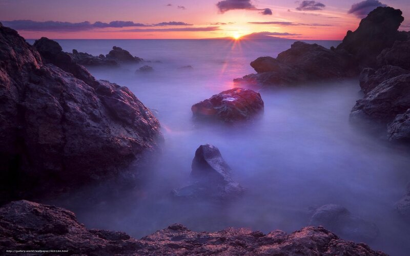 Rocky Coastline at Sunset — Purple, Serene, Photograph, Rocks, Ocean, Sky, Sun