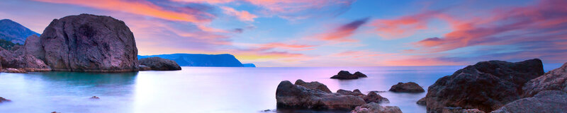 Rocky Coastline at Sunset — Purple, Serene, Photograph, Rocks, Sea, Sky, Mountain