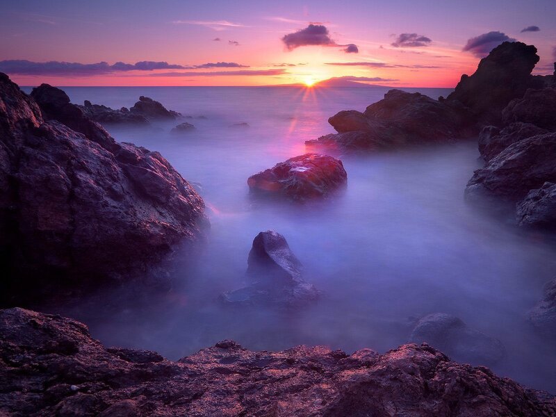 Rocky Coastline at Sunset — Purple, Serene, Photograph, Rocks