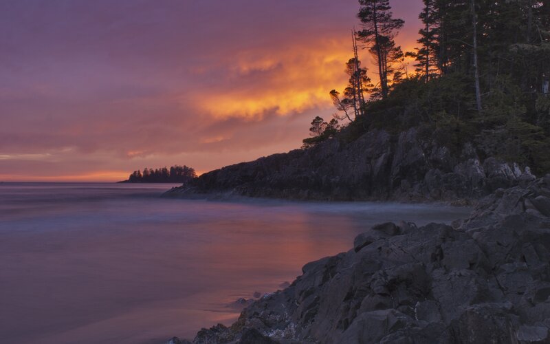 Rocky Coastline at Sunset — Purple, Serene
