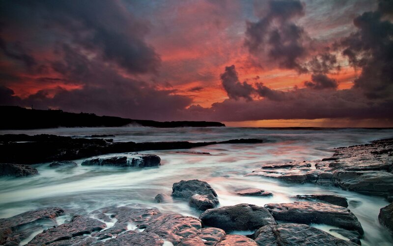Rocky Coastline at Sunset — Red, Dramatic, Photograph, Ocean, Clouds, Rocks, Purple, Black