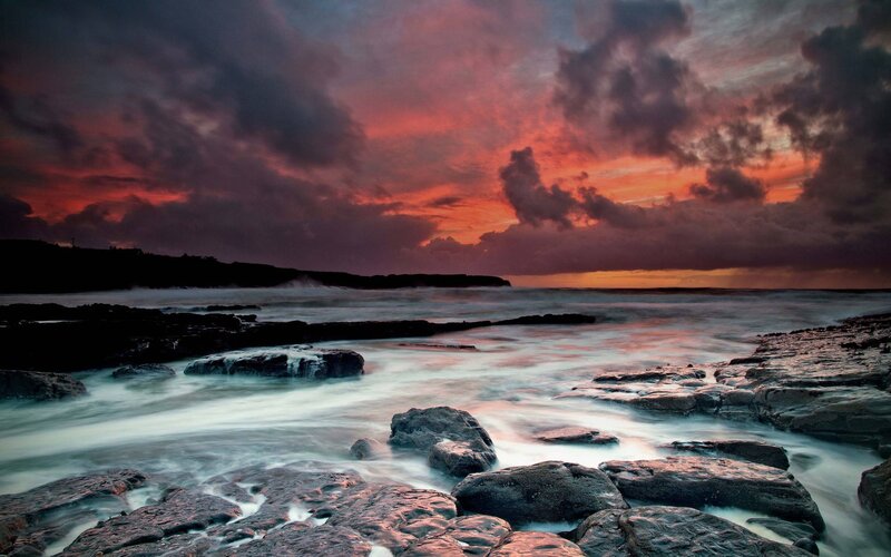 Rocky Coastline at Sunset — Red, Dramatic, Photograph, Ocean, Clouds, Rocks
