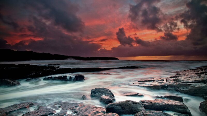 Rocky Coastline at Sunset — Red, Dramatic, Photograph, Ocean, Clouds