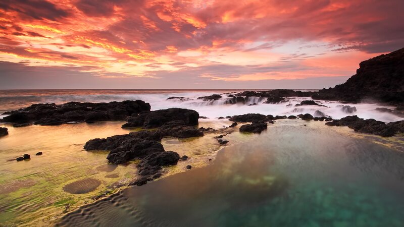 Rocky Coastline at Sunset — Red, Dramatic, Photograph, Ocean, Rocks