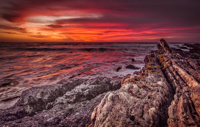 Rocky Coastline at Sunset — Red, Dramatic, Photograph, Ocean, Sky, Rocks