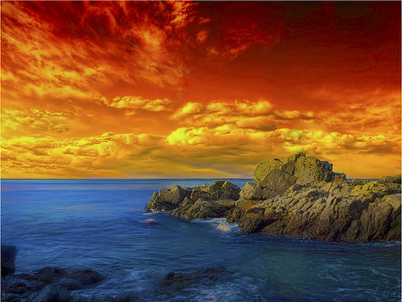Rocky Coastline at Sunset — Red, Dramatic, Photograph, Ocean, Sky
