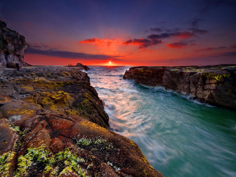 Rocky Coastline at Sunset — Red, Dramatic, Photograph, Ocean