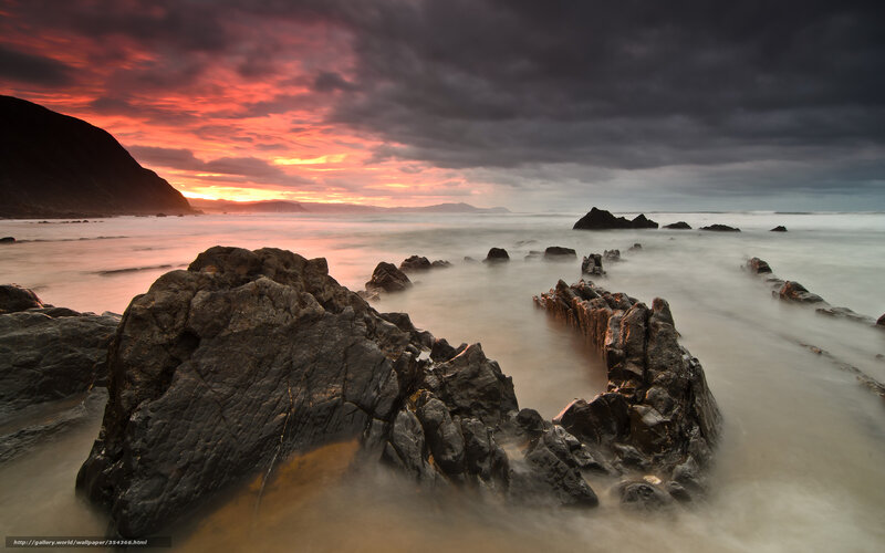 Rocky Coastline at Sunset — Red, Dramatic, Photograph, Rocks, Ocean, Mountain