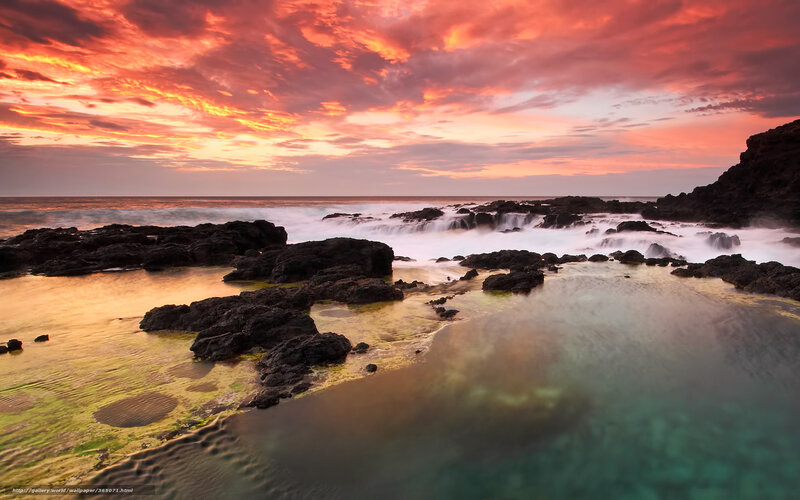 Rocky Coastline at Sunset — Red, Dramatic, Photograph, Rocks, Ocean, Sky, Clouds