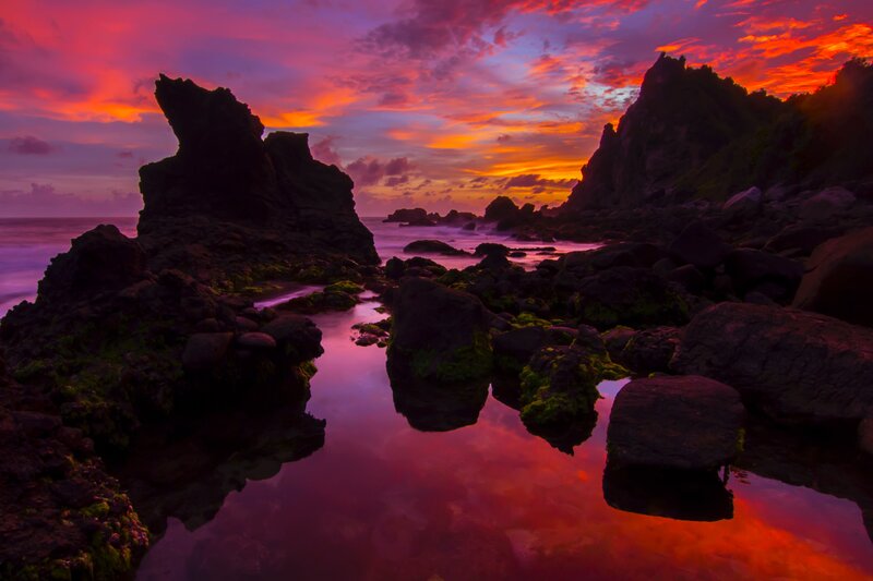 Rocky Coastline at Sunset — Red, Dramatic, Photograph, Rocks, Ocean, Sky, Reflection
