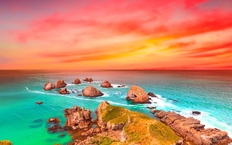 Rocky Coastline at Sunset — Red, Dramatic, Photograph, Rocks, Ocean, Sky