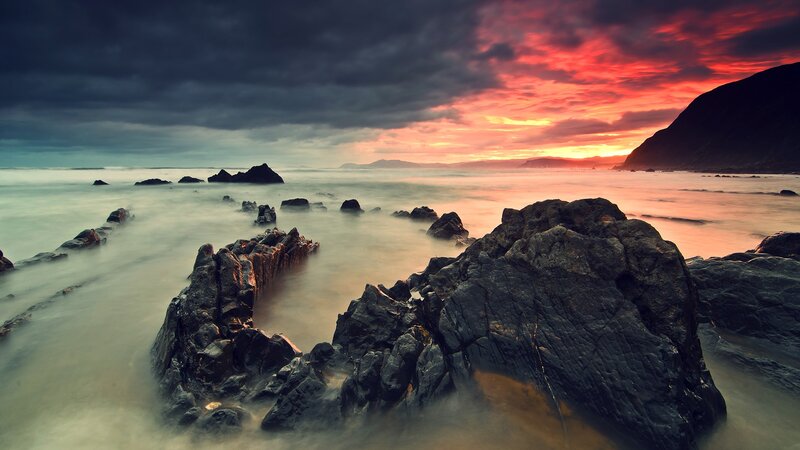 Rocky Coastline at Sunset — Red, Dramatic, Photograph, Rocks, Sea, Mountain, Sky, Orange