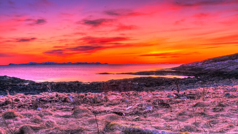 Rocky Coastline at Sunset — Red, Dramatic, Photograph, Sky