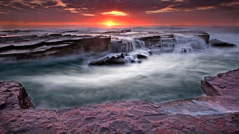 Rocky Coastline at Sunset — Red, Dramatic, Photograph, Sun, Ocean