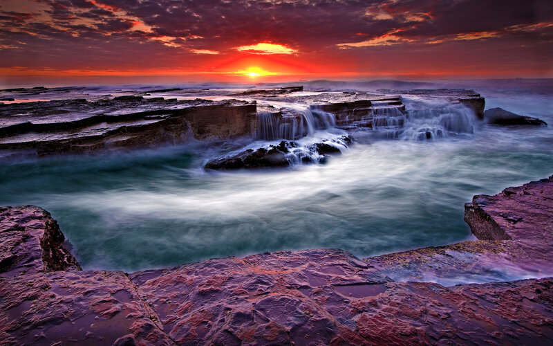 Rocky Coastline at Sunset — Red, Dramatic, Photograph, Sun