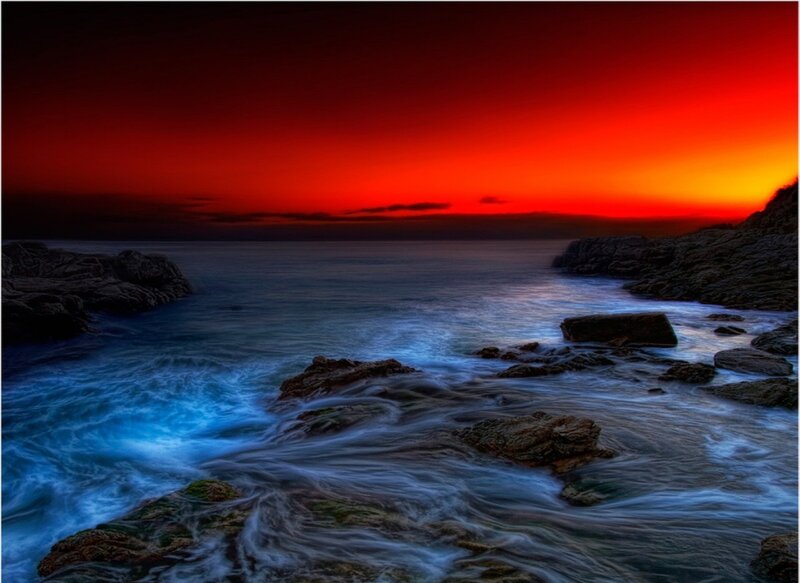 Rocky Coastline at Sunset — Red, Dramatic, Photograph