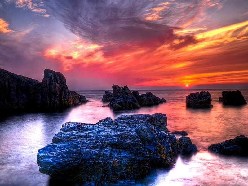 Rocky Coastline at Sunset — Red, Dramatic