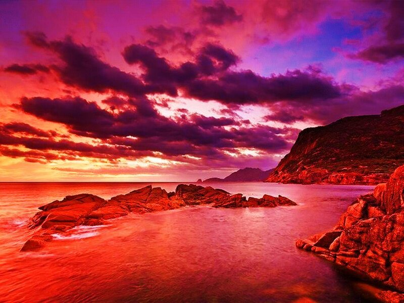Rocky Coastline at Sunset — Red