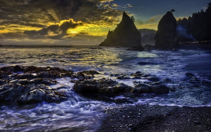 Rocky Coastline at Sunset — Yellow, Dramatic, Photograph, Ocean, Rocks