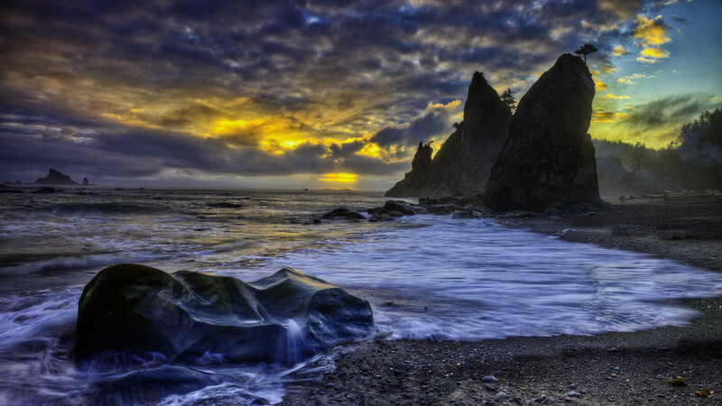 Rocky Coastline at Sunset — Yellow, Dramatic, Photograph, Rocks
