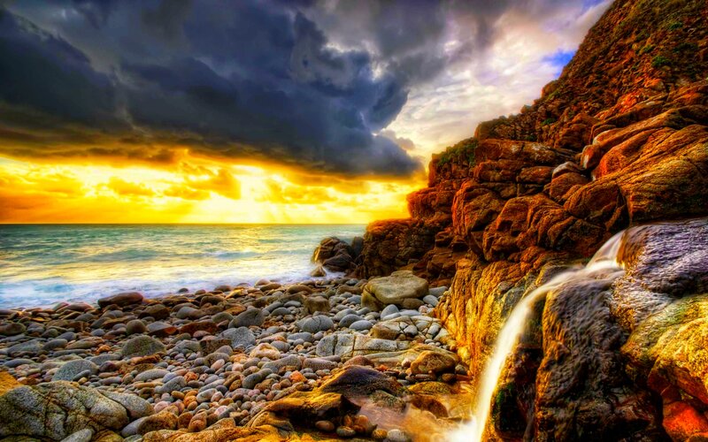 Rocky Coastline at Sunset — Yellow, Dramatic, Photograph