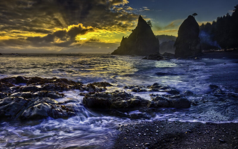 Rocky Coastline at Sunset — Yellow, Dramatic
