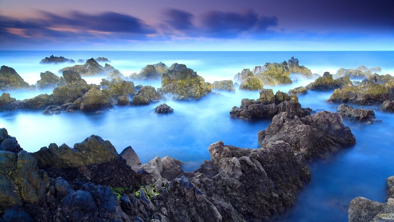 Rocky coastline at twilight
