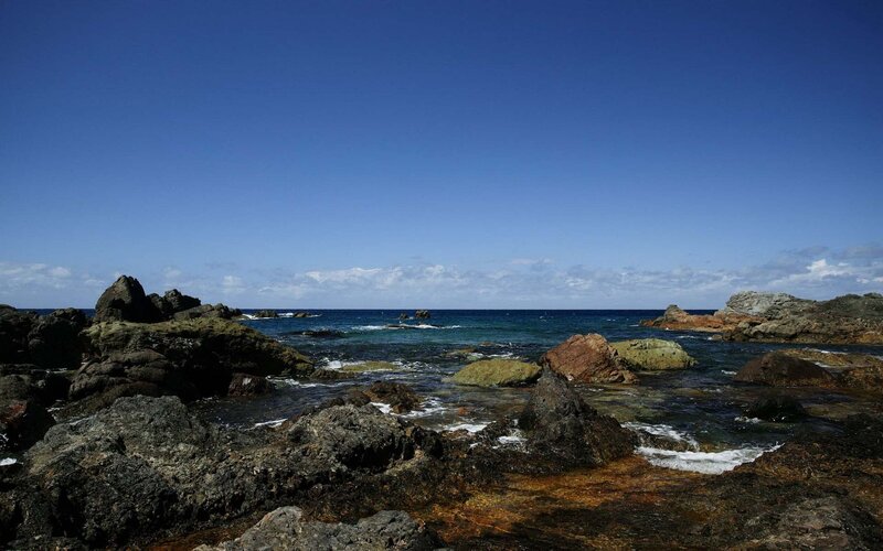 Rocky Coastline — Blue, Serene, Afternoon, Photograph, Rocks, Ocean, Sky