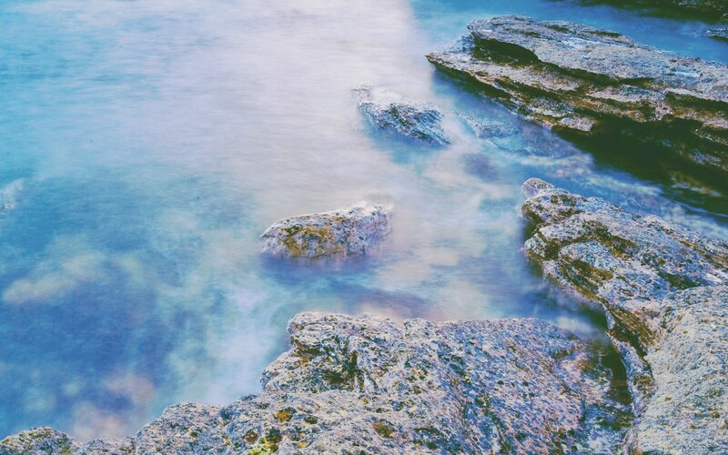 Rocky Coastline — Blue, Serene, Photograph