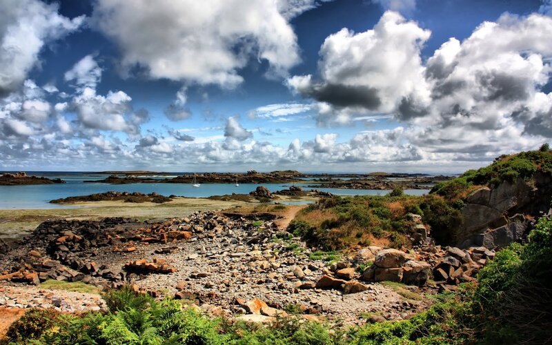 Rocky Coastline with Boats — Blue, Dramatic, Afternoon