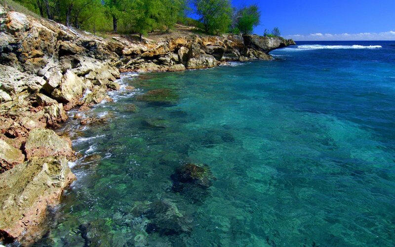 Rocky Coastline with Clear Water — Blue, Serene, Afternoon, Photograph