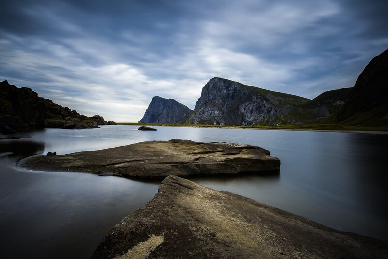Rocky Coastline with Mountains — Blue, Dramatic, Morning