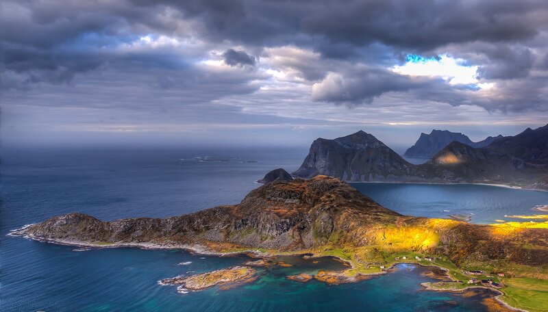 Rocky Coastline with Mountains — Blue, Dramatic