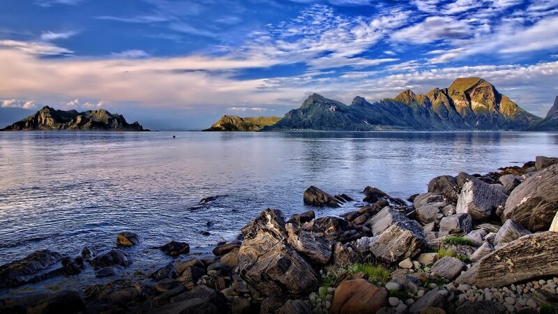 Rocky Coastline with Mountains — Blue, Serene