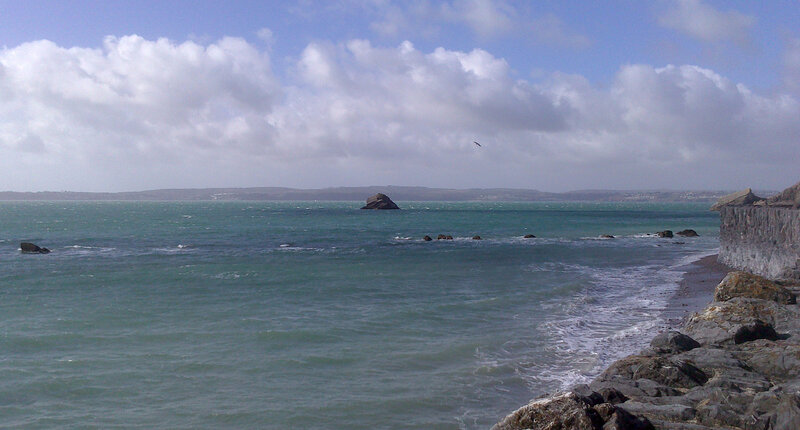 Rocky Coastline with Sea — Blue, Calm, Afternoon, Photograph